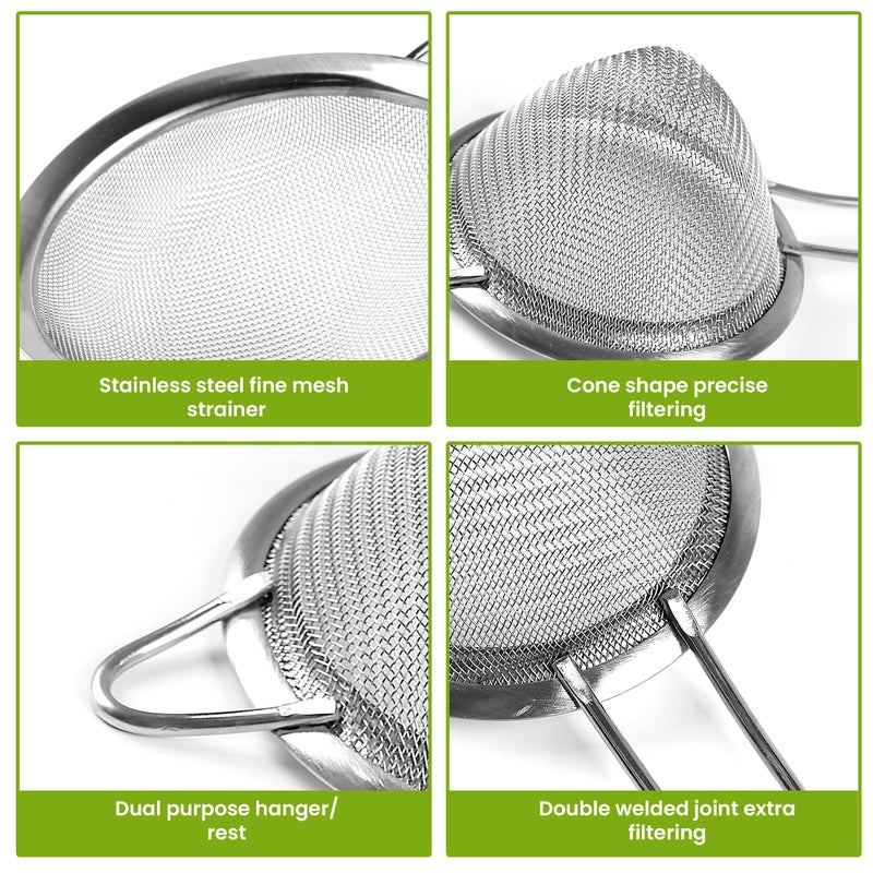 Kafoor Set of 2 Stainless Steel Mesh Strainers for Kitchen - 5.5 inch Round Fine Mesh Strainer & 3.4 inch Conical Strainer Fine Mesh - Ideal to Sieve Pasta Noodles, Quinoa, Tea, Coffee, Juices, Flour - Image 5